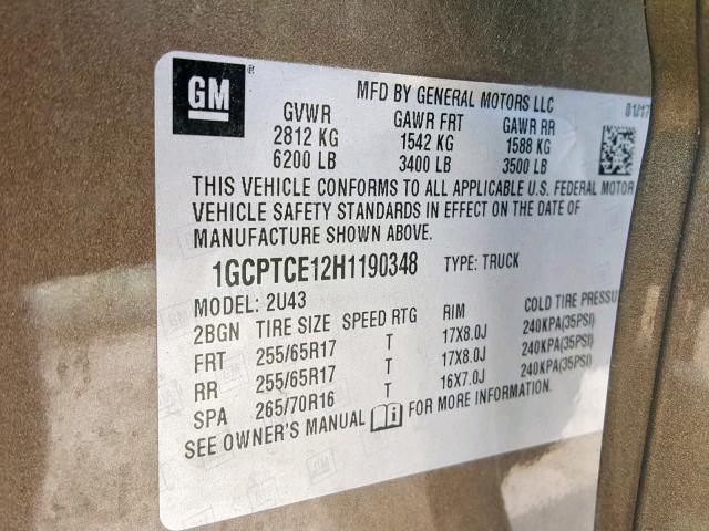 1GCPTCE12H1190348 - 2017 CHEVROLET COLORADO L BROWN photo 10