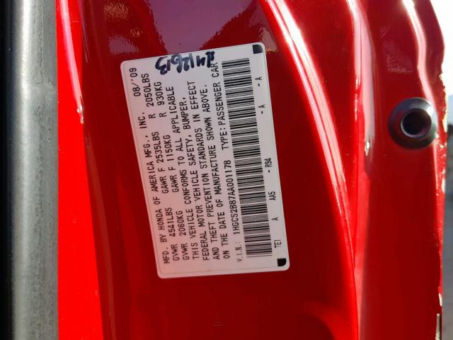 1HGCS2B87AA001178 - 2010 HONDA ACCORD EXL RED photo 10