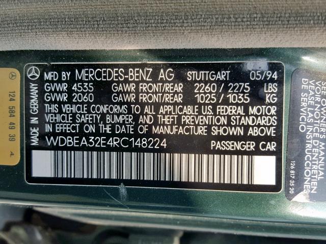 WDBEA32E4RC148224 - 1994 MERCEDES-BENZ E 320 GREEN photo 10