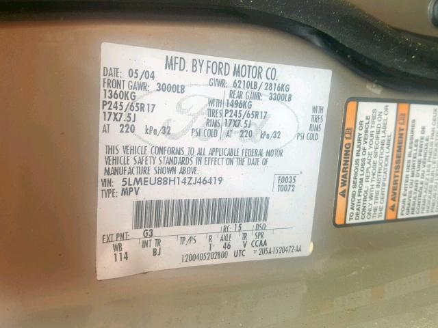 5LMEU88H14ZJ46419 - 2004 LINCOLN AVIATOR Bej foto 10