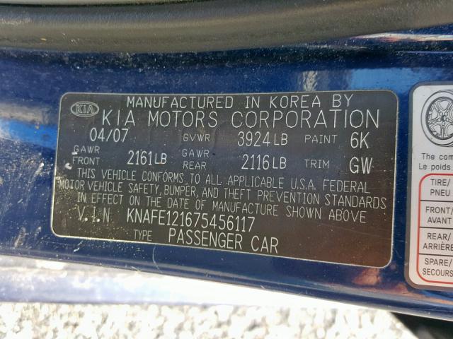 KNAFE121675456117 - 2007 KIA SPECTRA EX BLUE photo 10