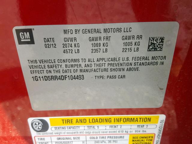 1G11D5RR4DF104493 - 2013 CHEVROLET MALIBU 1LT 红色 照片 10