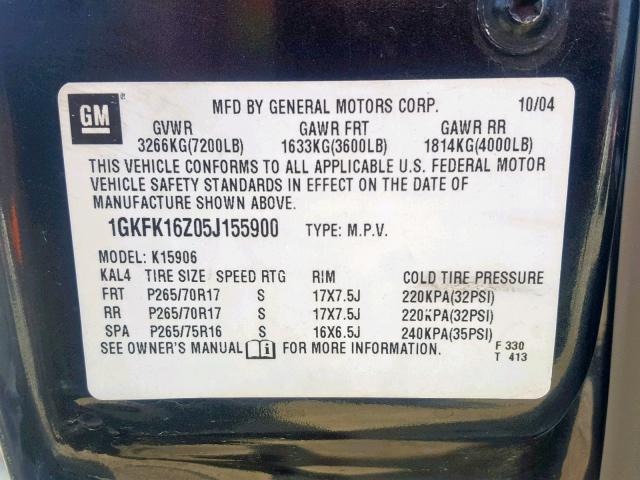 1GKFK16Z05J155900 - 2005 GMC YUKON XL K GRAY photo 10