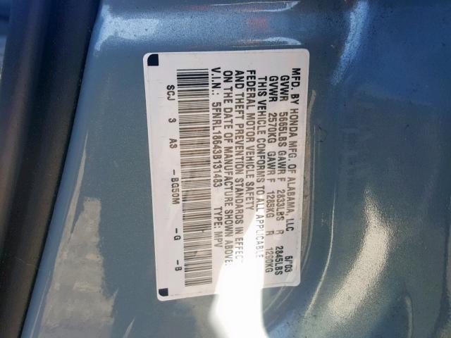 5FNRL18643B131483 - 2003 HONDA ODYSSEY EX BLUE photo 10