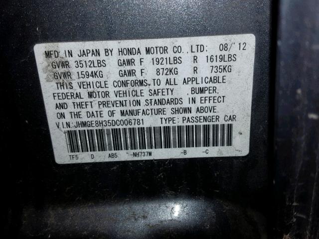 JHMGE8H35DC006781 - 2013 HONDA FIT GRAY photo 10