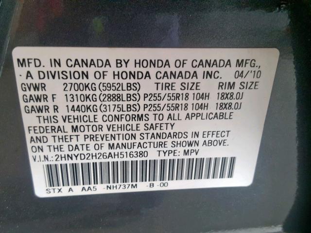 2HNYD2H26AH516380 - 2010 ACURA MDX GRAY photo 10