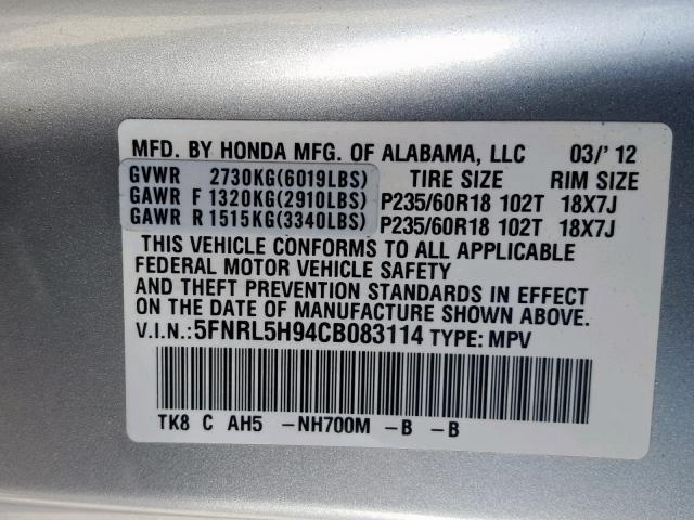 5FNRL5H94CB083114 - 2012 HONDA ODYSSEY TO SILVER photo 10