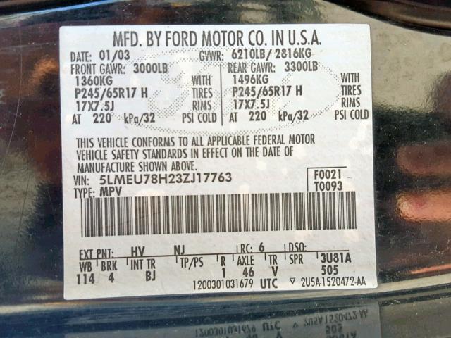 5LMEU78H23ZJ17763 - 2003 LINCOLN AVIATOR Qara foto 10