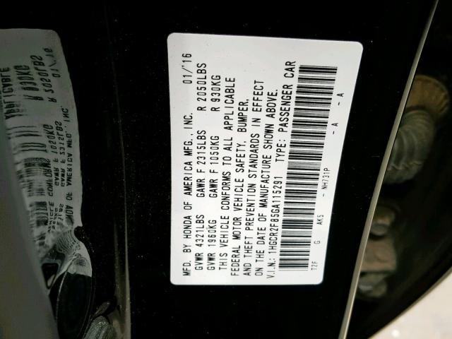 1HGCR2F85GA115291 - 2016 HONDA ACCORD EXL BLACK photo 10