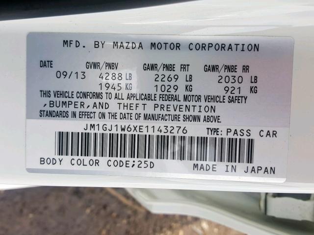 JM1GJ1W6XE1143276 - 2014 MAZDA 6 GRAND TO WHITE photo 10