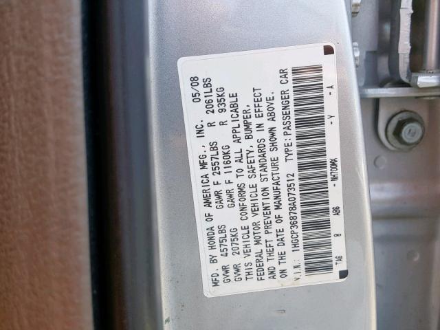 1HGCP36878A073512 - 2008 HONDA ACCORD EXL SILVER photo 10