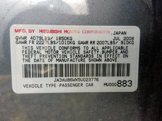 JA3AU86WX9U023776 - 2009 MITSUBISHI LANCER GTS GRAY photo 10