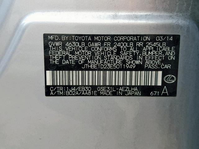 JTHBE1D23E5011949 - 2014 LEXUS IS 350 GRAY photo 10