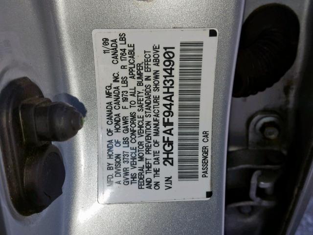 2HGFA1F94AH314901 - 2010 HONDA CIVIC EXL SILVER photo 10