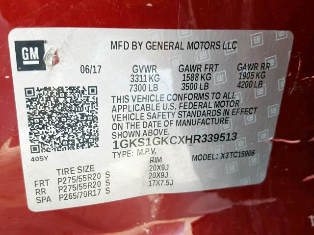 1GKS1GKCXHR339513 - 2017 GMC YUKON XL C MAROON photo 10