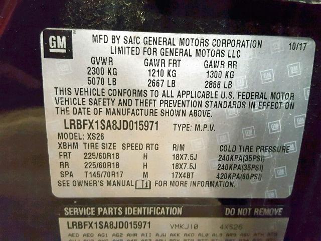 LRBFX1SA8JD015971 - 2018 BUICK ENVISION E შავი ფოტო 10