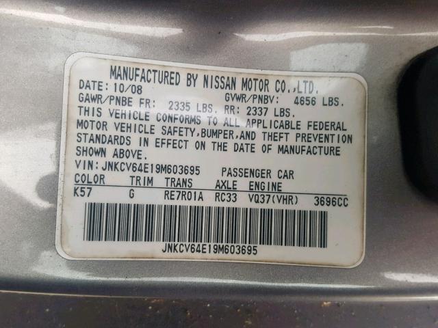 JNKCV64E19M603695 - 2009 INFINITI G37 BASE SILVER photo 10