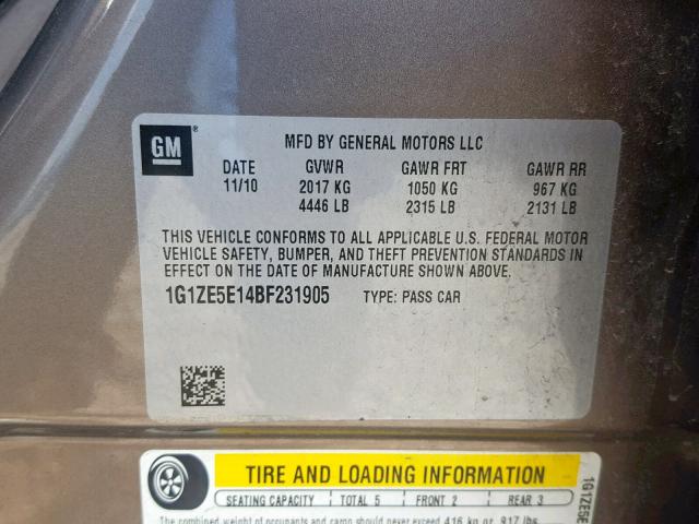 1G1ZE5E14BF231905 - 2011 CHEVROLET MALIBU LTZ ნაცრისფერი ფოტო 10