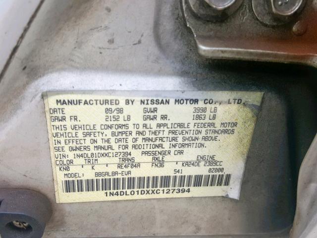 1N4DL01DXXC127394 - 1999 NISSAN ALTIMA XE SILVER photo 10