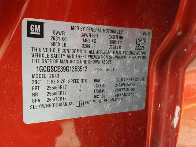1GCGSCE39G1363513 - 2016 CHEVROLET COLORADO L RED photo 10
