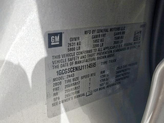 1GCGSCEN8J1114595 - 2018 CHEVROLET COLORADO L SILVER photo 10