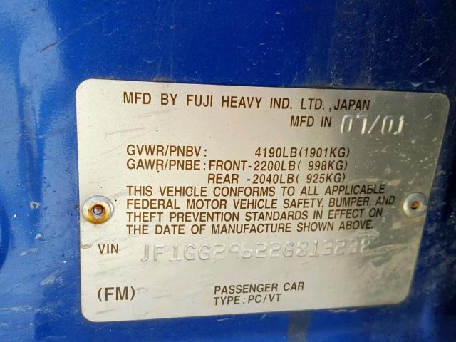 JF1GG29622G813238 - 2002 SUBARU IMPREZA WR BLUE photo 10