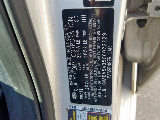 KNADM5A35C6022229 - 2012 KIA RIO LX SILVER photo 10