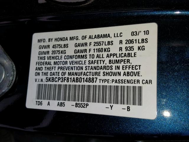 5KBCP3F81AB014887 - 2010 HONDA ACCORD EXL BLUE photo 10