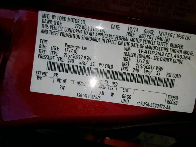 1FADP3N27EL463354 - 2014 FORD FOCUS TITA RED photo 10