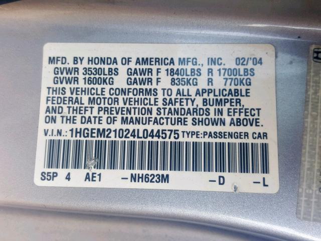 1HGEM21024L044575 - 2004 HONDA CIVIC EX SILVER photo 10