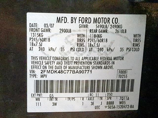 2FMDK48C77BA90771 - 2007 FORD EDGE SEL GRAY photo 10