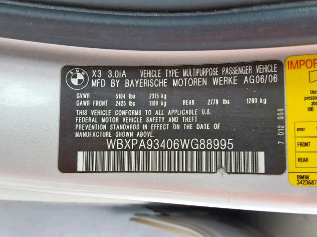 WBXPA93406WG88995 - 2006 BMW X3 3.0I SILVER photo 10