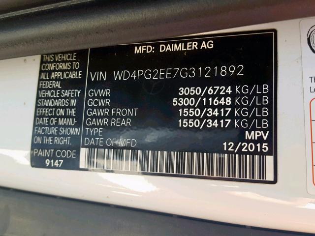 WD4PG2EE7G3121892 - 2016 MERCEDES-BENZ METRIS WHITE photo 10