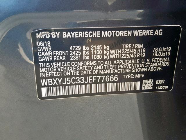 WBXYJ5C33JEF77666 - 2018 BMW X2 XDRIVE2 GRAY photo 10