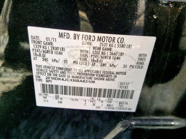 2FMDK4JCXBBA83106 - 2011 FORD EDGE SEL BLACK photo 10