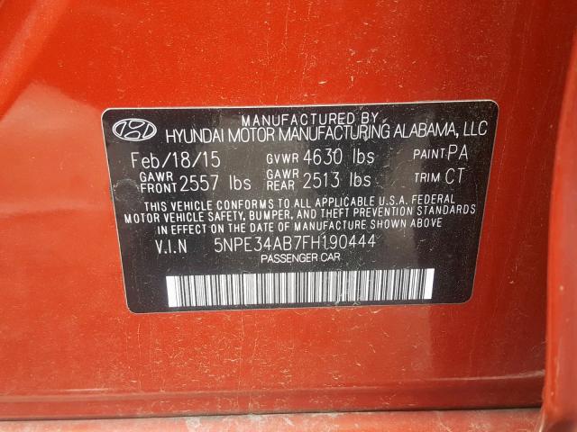 5NPE34AB7FH190444 - 2015 HYUNDAI SONATA SPO ORANGE photo 10