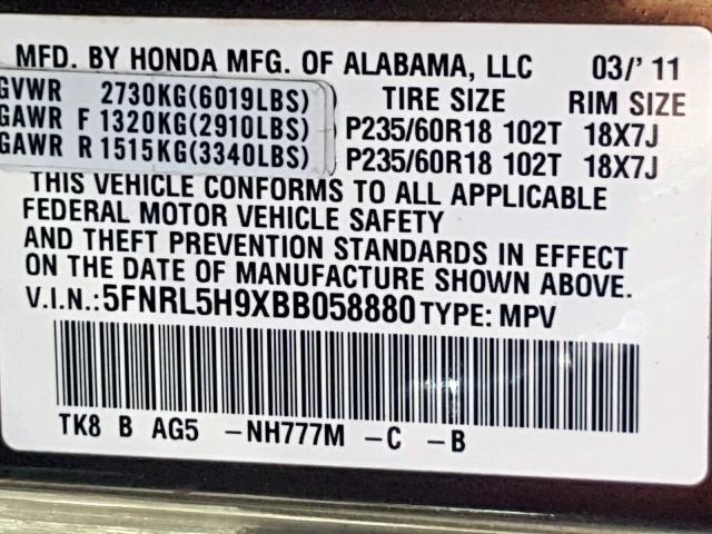 5FNRL5H9XBB058880 - 2011 HONDA ODYSSEY TO CHARCOAL photo 10