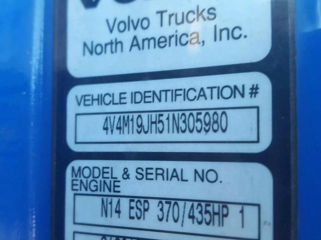 4V4M19JH51N305980 - 2001 VOLVO VN VNM BLUE photo 10