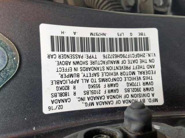 2HGFC1F79GH637276 - 2016 HONDA CIVIC EXL GRAY photo 10