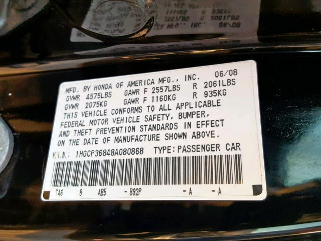 1HGCP36848A080868 - 2008 HONDA ACCORD EXL BLACK photo 10