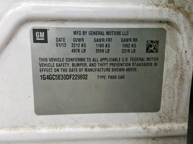 1G4GC5E30DF229802 - 2013 BUICK LACROSSE WHITE photo 10