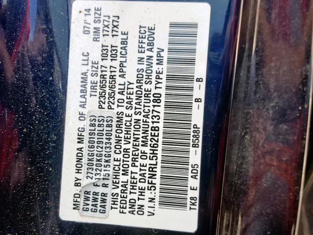 5FNRL5H62EB137180 - 2014 HONDA ODYSSEY EX BLUE photo 10