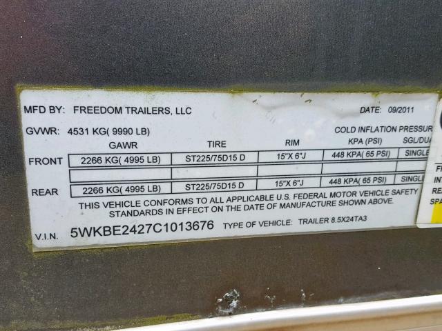 5WKBE2427C1013676 - 2012 FREE TRAILER GRAY photo 10