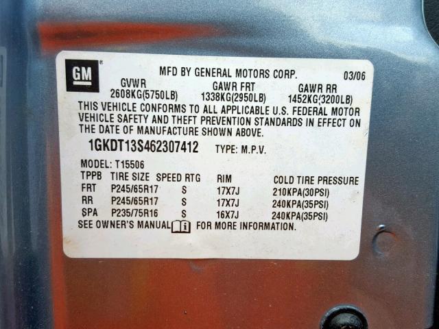 1GKDT13S462307412 - 2006 GMC ENVOY BLUE photo 10