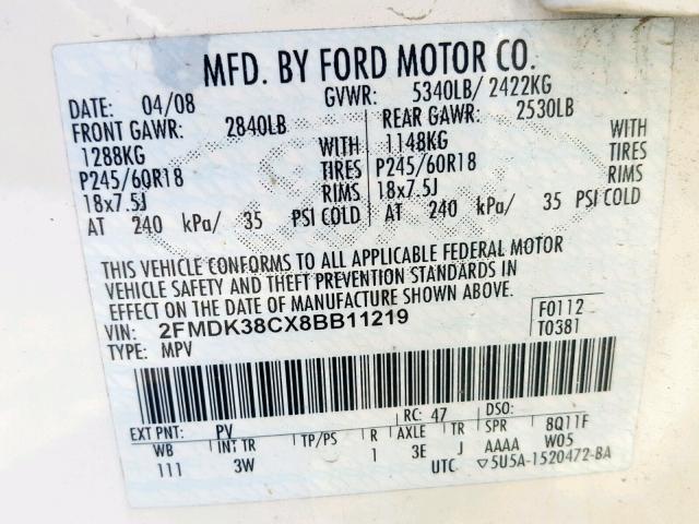 2FMDK38CX8BB11219 - 2008 FORD EDGE SEL WHITE photo 10