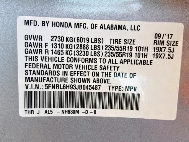 5FNRL6H93JB045487 - 2018 HONDA ODYSSEY EL SILVER photo 10