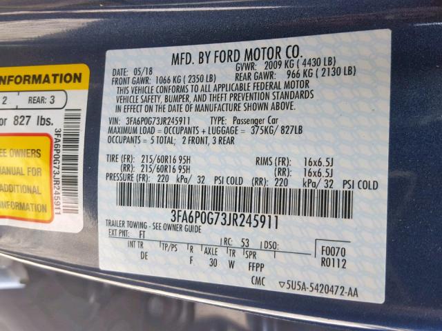 3FA6P0G73JR245911 - 2018 FORD FUSION S BLUE photo 10