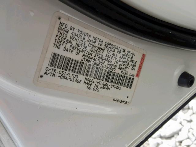 JT8BF28G610339687 - 2001 LEXUS ES 300 TWO TONE photo 10