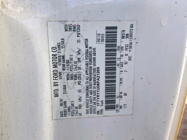 1FTYR11U08PA21269 - 2008 FORD RANGER WHITE photo 10