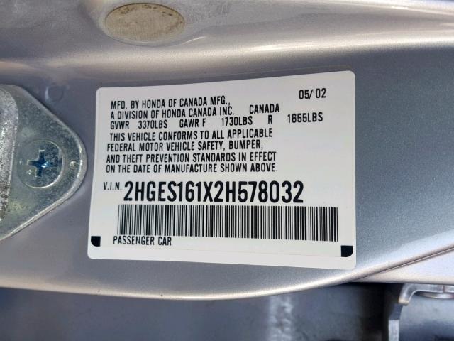 2HGES161X2H578032 - 2002 HONDA CIVIC DX GRAY photo 10